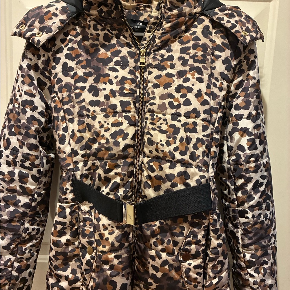 H&M Leopard Print Puffer Jacket with Belt